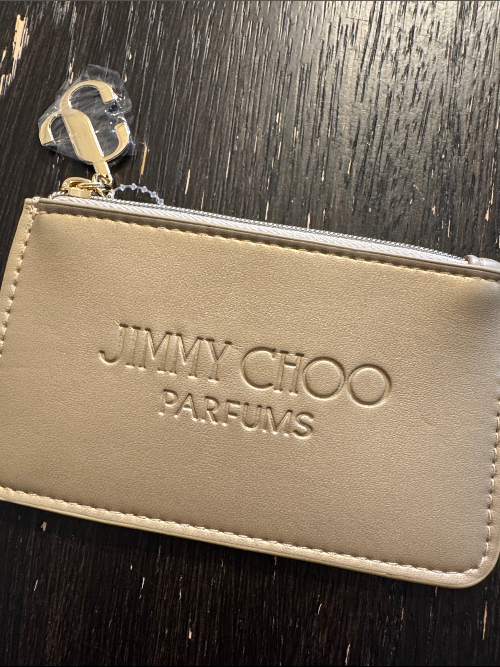 Jimmy Choo Beige Embossed Parfums Zip Pouch with Gold Charm